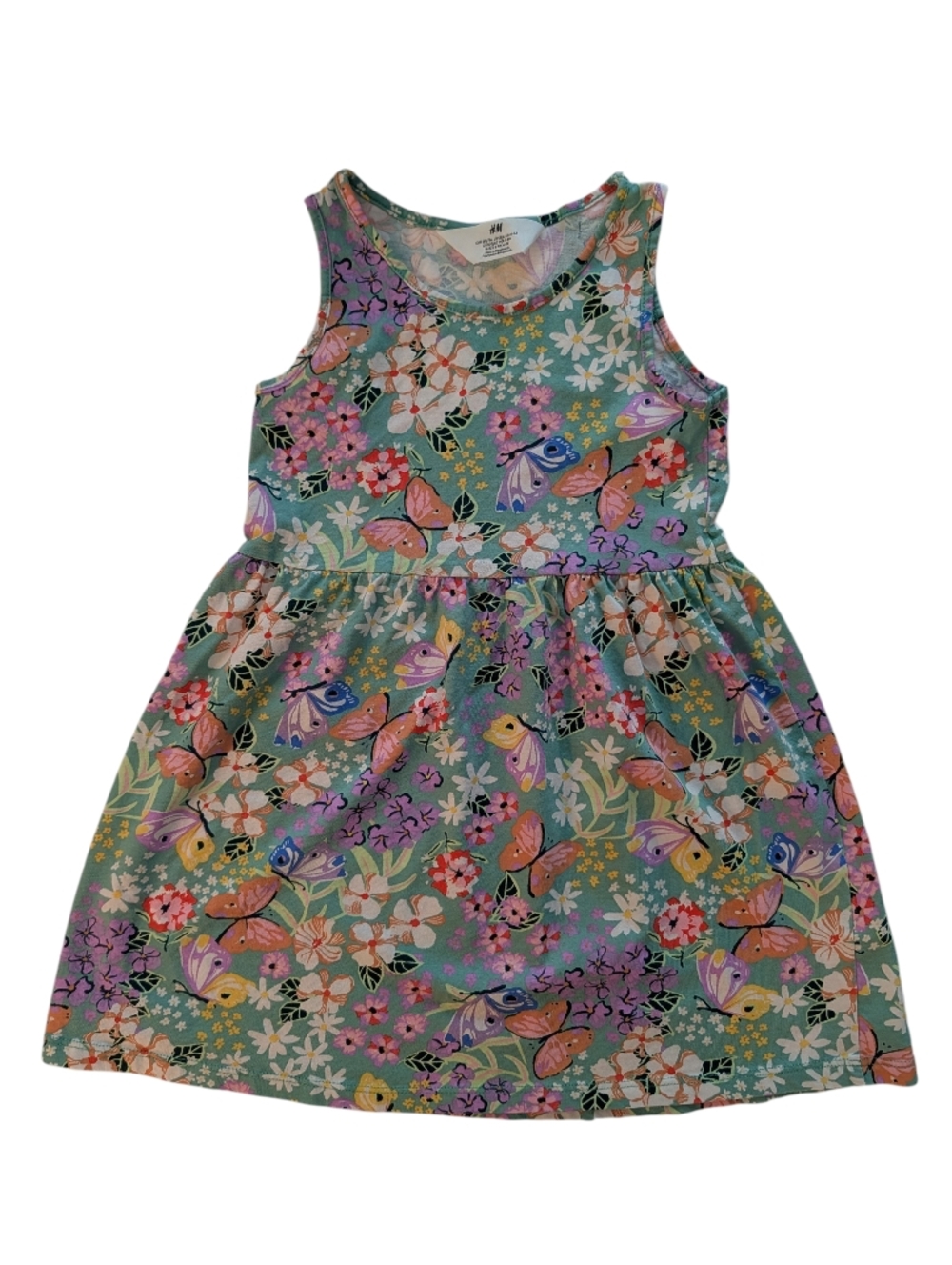 H&M Girls Floral & Butterfly Tank Dress - Mint, Pink, Purple Cotton Size 5T/6